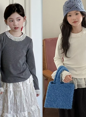 wooso童装2025秋新款儿童洋气蕾丝花边珍珠高级感百搭打底衫99609