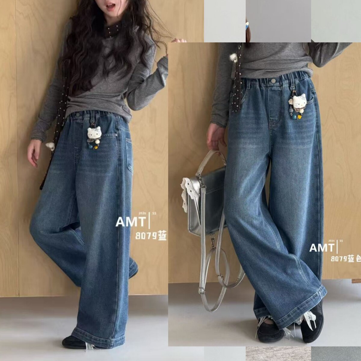 爱木橦女童秋季宽松直筒牛仔裤图片