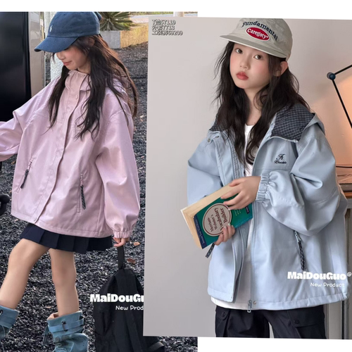 品牌童装秋季女童防风连帽冲锋衣