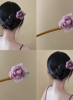 网纱玫瑰花朵木簪夏季盘发簪发钗复古风花头饰气质发饰旗袍配饰女