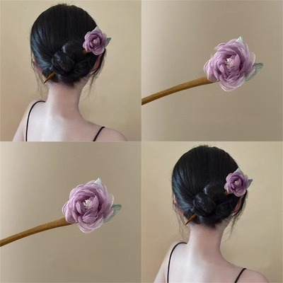 网纱玫瑰花朵木簪夏季盘发簪发钗复古风花头饰气质发饰旗袍配饰女