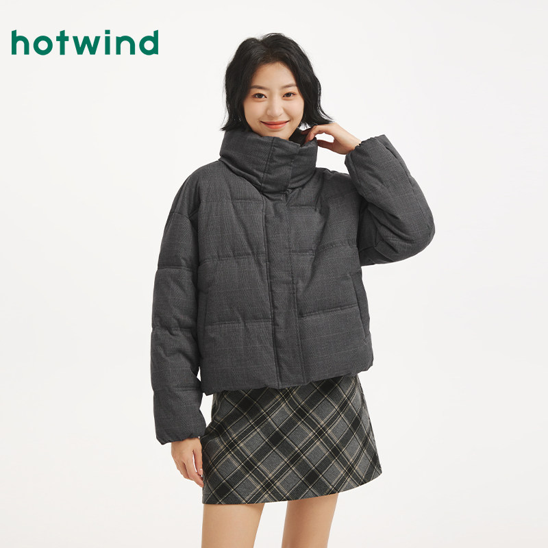 热风女士格纹棉服2025年冬季新款翻领时尚短款保暖厚夹克外套棉袄