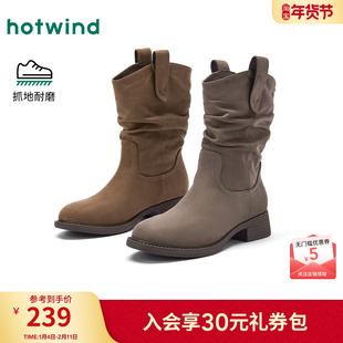 热风棕色西部牛仔靴2025年冬季新款短靴堆堆靴美拉德靴子中筒靴女