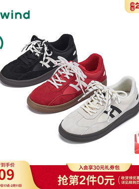 热风红色德训鞋女2025年冬季新款加绒运动休闲鞋百搭小白鞋女鞋子