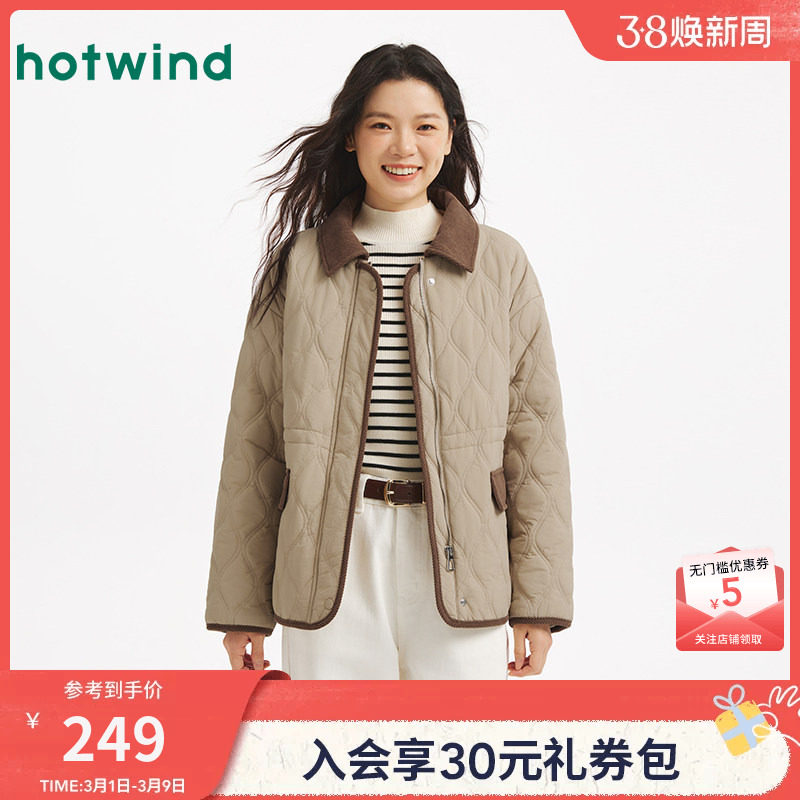 热风女士翻领棉服2025年冬季新款复古美拉德棉服夹克外套上衣