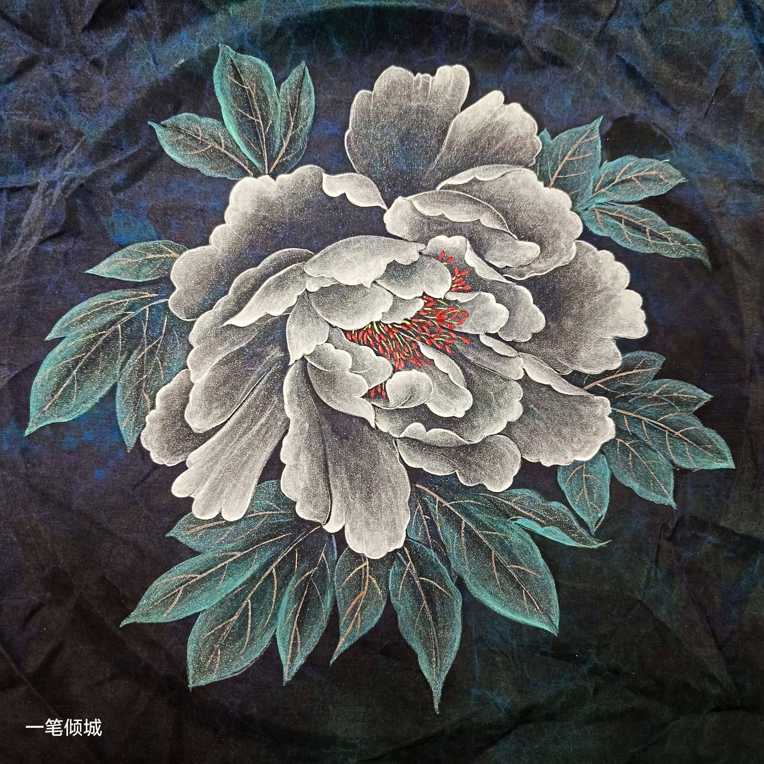 香云纱定制图案纯手工绘画牡丹原创设计旗袍来图定绘彩绘画衣服