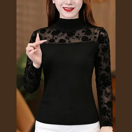 显瘦遮肚网纱长袖T恤女打底