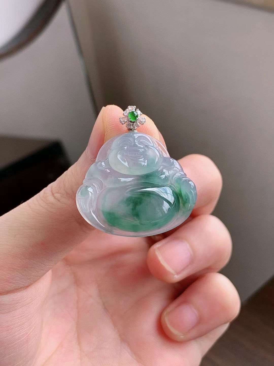 缅甸天然翡翠|老坑冰润冰胶晴蓝天空蓝佛公吊坠