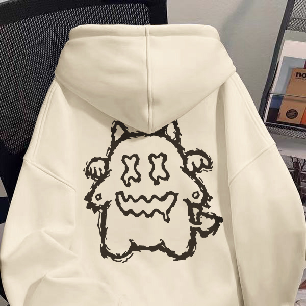 趣味设计感小众百搭chic通勤别致小怪兽卡通印花杏色连帽卫衣女潮