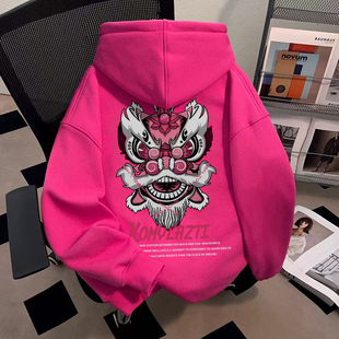 多巴胺亮色穿搭冬季银狐绒连帽卫衣国潮高街醒狮印花巨好看带帽衫