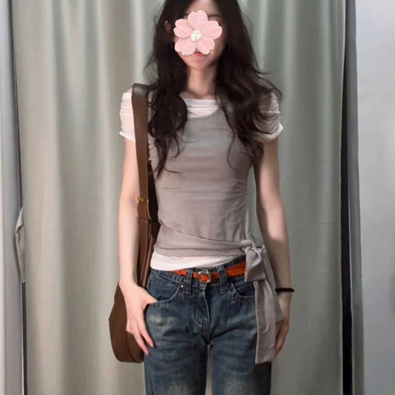 假两件短袖T恤女夏设计感绑带收腰休闲款时尚显瘦显白韩百搭上衣