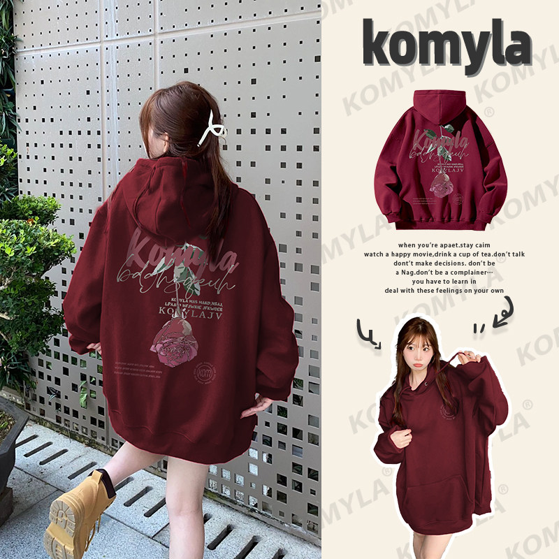 美式原宿风玫瑰印花连帽卫衣女秋冬新款加绒加厚酒红色外套上衣服