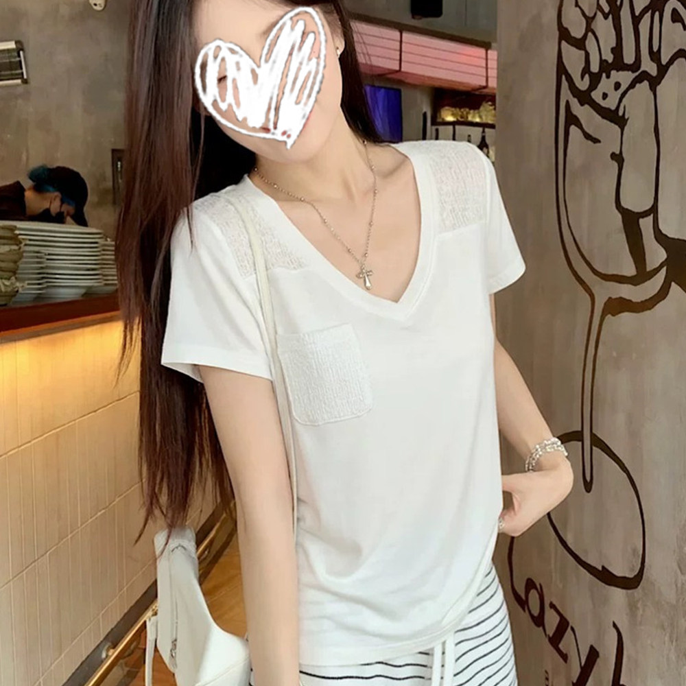 白色V领短袖T恤女口袋设计感别致个性小个子夏季修身显瘦百搭上衣