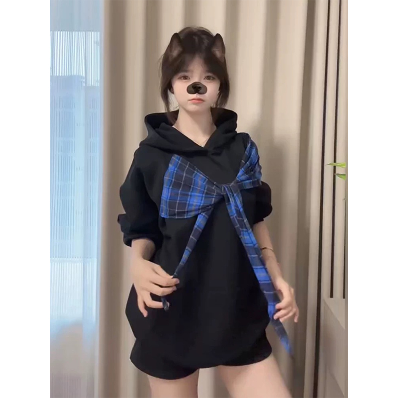 韩系甜酷风显瘦格子绑带冬季慵懒风小众百搭ins学生潮流连帽卫衣