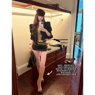 lady ww香香战靴复古高筒靴女粗跟圆头拼色绒面不过膝高跟长靴子