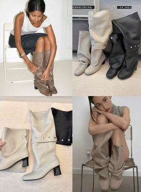 lady ww战靴pal*ma牛皮长靴女复古铆钉拼接可拆卸裤管粗跟高筒靴