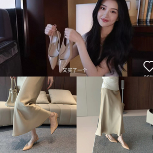 后空包头凉鞋 lady 女细跟裸色气质单鞋 尖头高跟鞋 ww舒适真皮法式