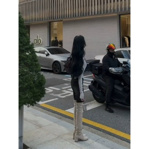 韩系美女款过膝靴圆头粗跟靴子女