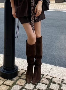 lady ww咖色磨砂褶皱高筒堆堆靴女新款方头大筒围长靴粗跟骑士靴