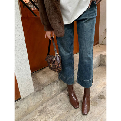 新款ins风全真皮粗跟短靴瘦瘦靴