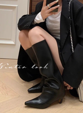 lady ww尖头牛皮高跟长靴女细跟高筒骑士靴不过膝欧美性感长筒靴