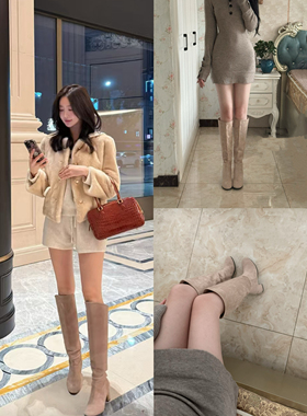 lady ww韩剧女主温柔长筒靴圆头高跟靴法式显瘦通勤舒适粗跟靴子