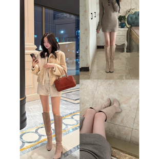 lady ww韩剧女主温柔长筒靴圆头高跟靴法式显瘦通勤舒适粗跟靴子