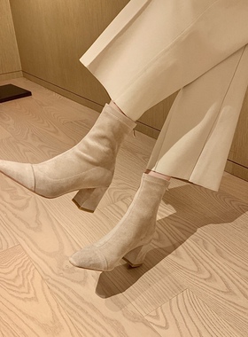 lady ww可贵可闲~绒面粗跟方头气质短筒2024高跟秋冬瘦瘦靴女短靴