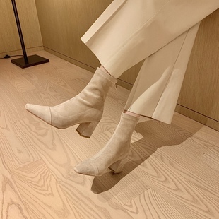 lady 绒面粗跟方头气质短筒2024高跟秋冬瘦瘦靴女短靴 ww可贵可闲