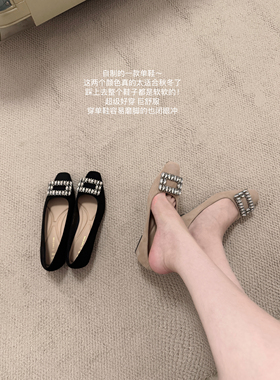 lady ww法式方头水钻方扣丝绒单鞋女粗跟软底不累脚精致晚晚瓢鞋