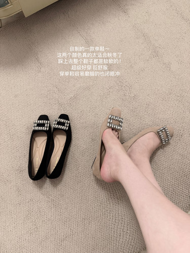 软底法式方头水钻方扣丝绒单鞋女
