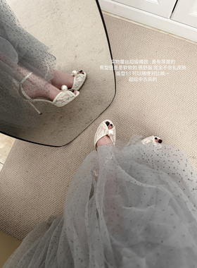 lady ww新款法式j*c中古风珍珠蕾丝公主气质细高跟鞋一字鱼嘴凉鞋