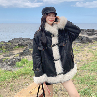 黑色皮毛一体羊羔毛外套女2025冬季新款宽松加绒加厚保暖棉衣棉服