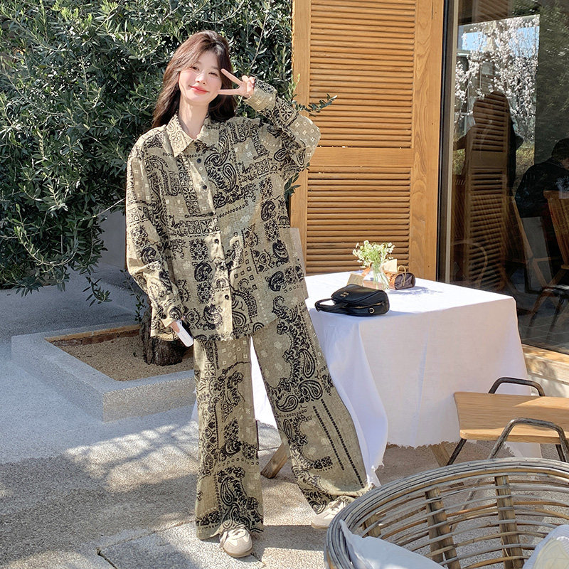 小香风韩系chic印花套装女2026春秋季新款高级感衬衫阔腿裤两件套,女装/女士精品,时尚套装,淘宝优惠券,粉丝福利购,淘宝优惠卷