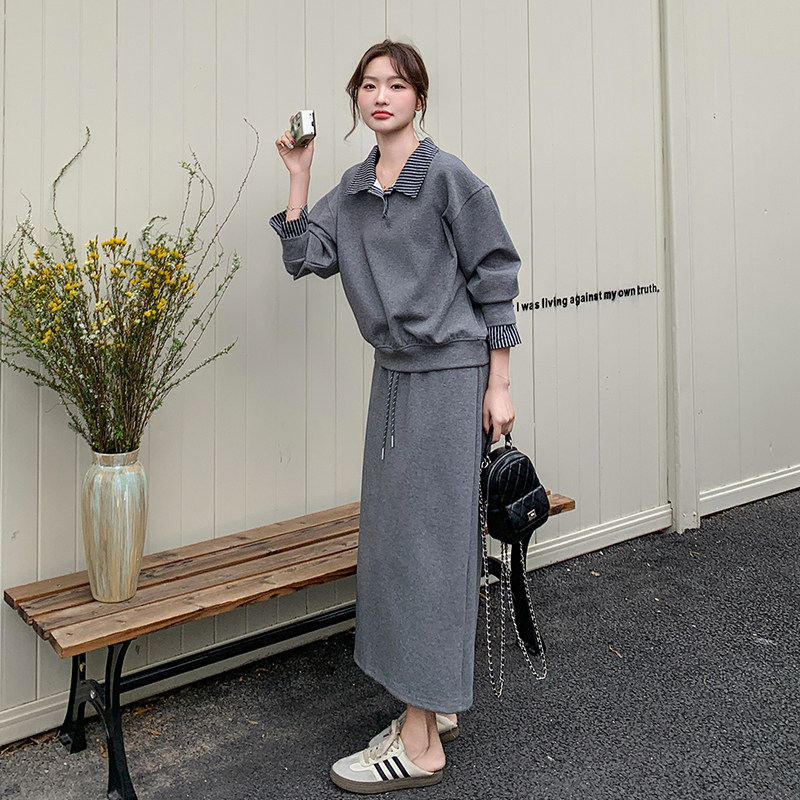 条纹拼接灰色套装裙女2026年春秋季新款韩版卫衣外套半身裙两件套,女装/女士精品,时尚套装,淘宝优惠券,粉丝福利购,淘宝优惠卷