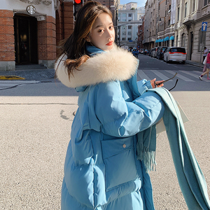 蓝色加厚工装棉衣棉服女连帽中长款oversize2023年新款冬季面包服