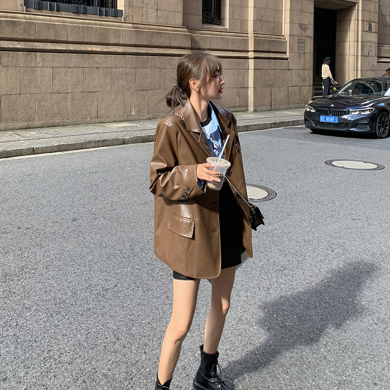 咖色休闲皮衣西装外套女春秋季2026新款高级感小众小个子复古夹克