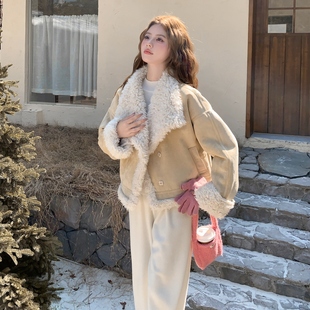 浅黄色皮毛一体羊羔毛外套女2025年冬季韩系加绒加厚短款棉衣棉服