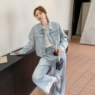 浅蓝色牛仔套装女2026春秋季新款高级感外套蕾丝拼接阔腿裤两件套