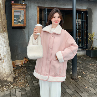 粉色皮毛一体羊羔毛外套女2025冬季新款加厚保暖高级感小个子棉服