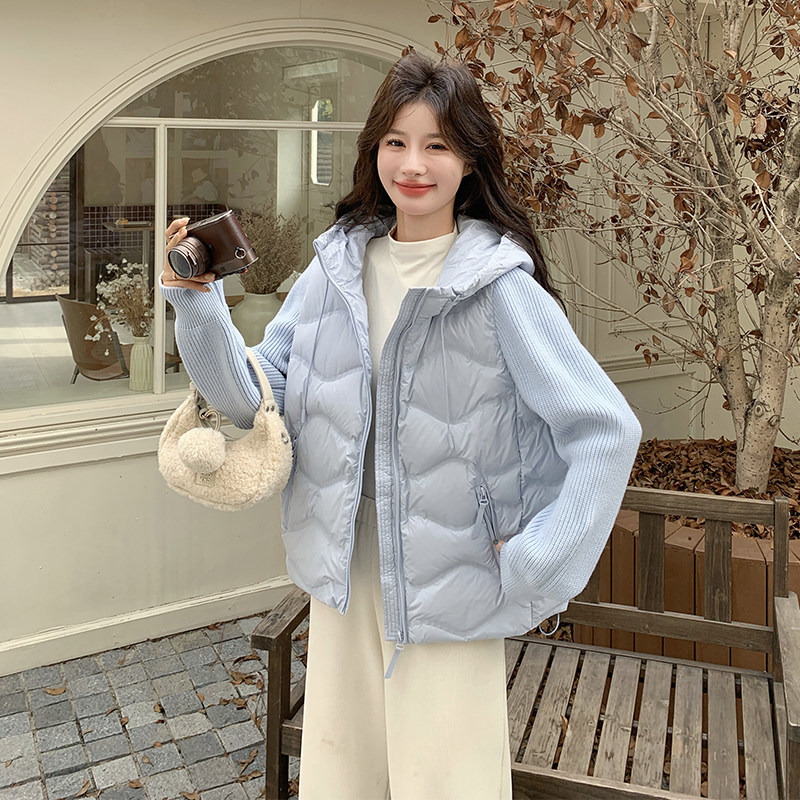 针织连帽蓝色90白鸭绒羽绒服女2025冬季新款设计感小众高级感外套