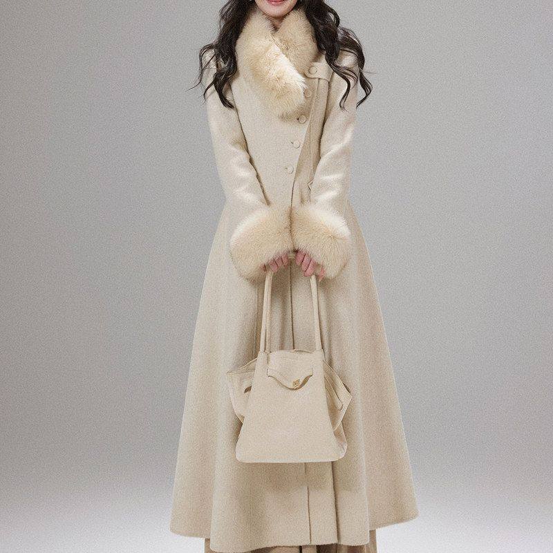 乖乖大小姐 狐狸毛大毛领温柔气质千金长款收腰羊毛大衣毛呢外套
