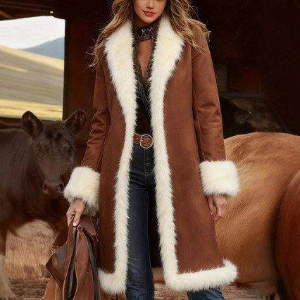 跨境女式大衣欧美秋冬新款加厚羊羔毛长款皮毛保暖长袖外套