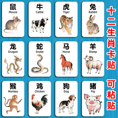 12张生肖启蒙卡贴英语拼音版