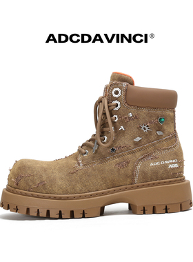 刘耀文同款 ADC达芬奇 ADCDAVINCI 厚底马丁靴 洗水牛仔布工装靴