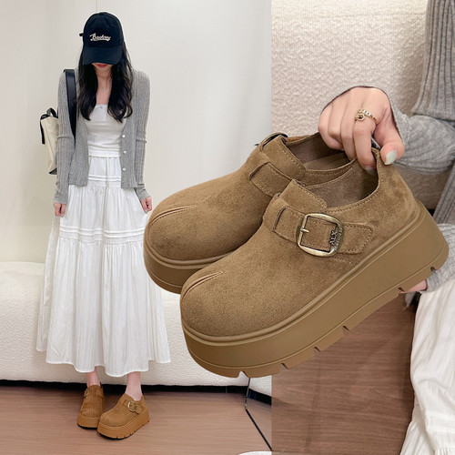 厚底勃肯鞋女2026秋季新款舒适反绒皮一脚蹬松糕鞋百搭增高单鞋潮