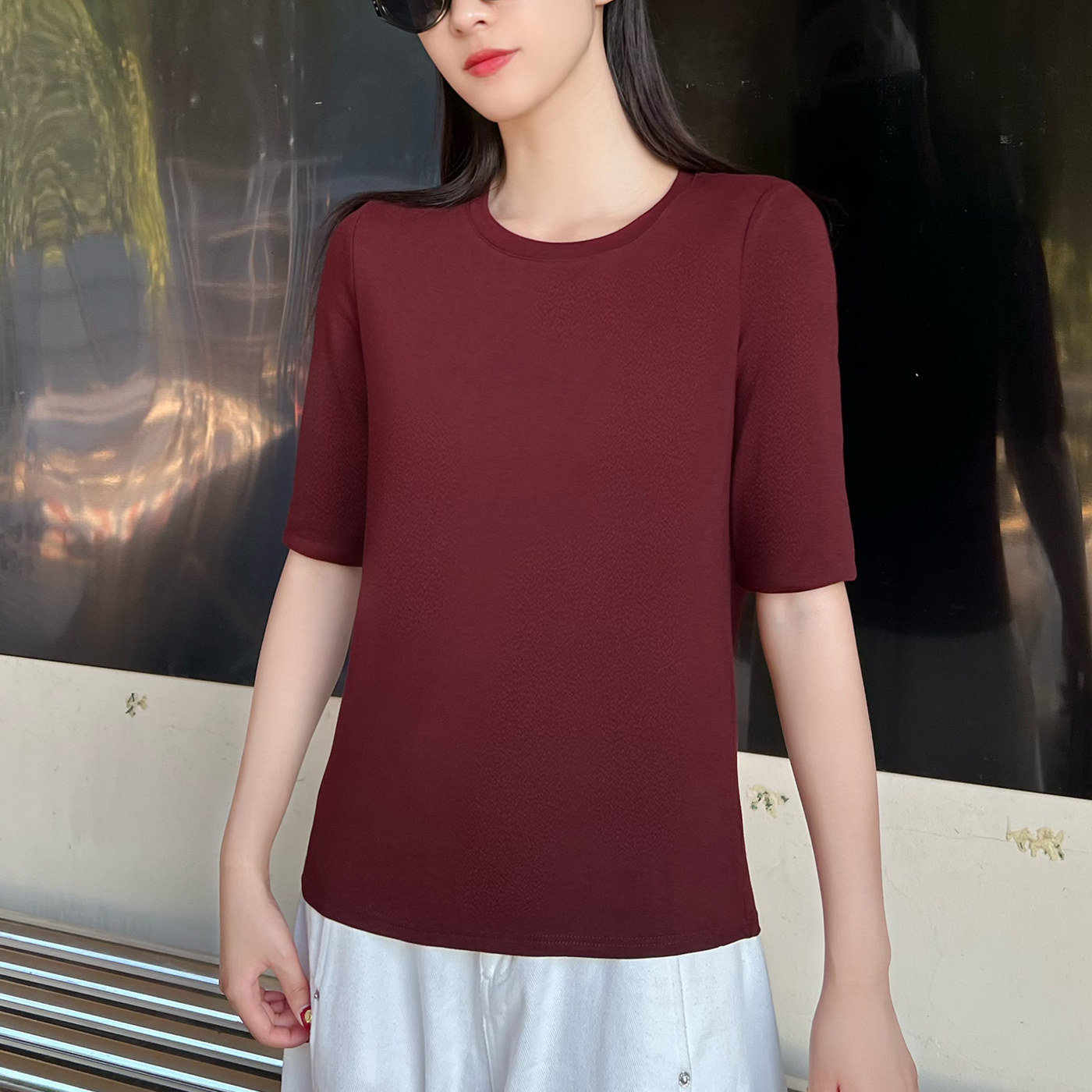 新款中袖女士打底上衣纯色2025夏季五分袖圆领洋气显瘦T恤
