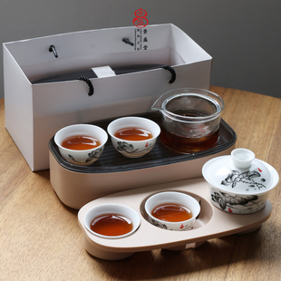 德化白瓷功夫茶具茶盘外出旅行便携装盖碗茶杯整套小礼品定制logo
