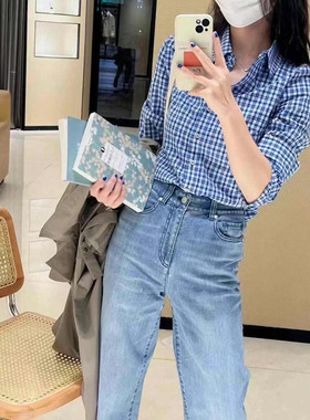 哥家1300641专柜2025新款时尚格子长袖衬衫女上衣通勤POLO领