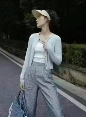5100160专柜正品2025新款时尚亚麻条纹休闲裤女长裤直筒裤九分裤